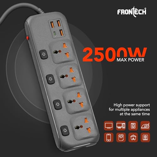 Image of FRONTECH Power Extension Socket | 2500W Heavy Duty Extension Board with 4 Universal Sockets, 3 USB-A + 1 USB-C Ports, Individual Switches, 3 Meter Copper Cable | 1 Year Warranty (FT-3566)