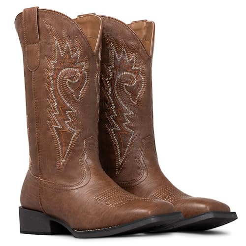 Image of SheSole Cowboy Boots for Women Wide Calf Square Toe Western Boots in Beige and Brown Embroidery Cowgirl Riding Boots