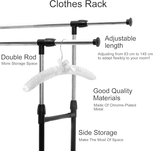 Small Clothes Rail with Wheels Adjustable Height & Width (80-155cm) Mobile Rolling Hanging Rail for Small Spaces 20kg Heavy Duty Stainless Steel Garment Rack for Bedroom & Wardrobe Black - Image 3