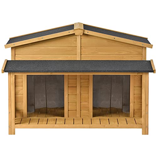 YOTPO 47.2\" Wooden Indoor & Outdoor Medium Dog House with Porch Door and Removable Curtain,Pet Kennel with Weatherproof Solid Wood,for Yard,Garden,Living Room,Villa,Wood