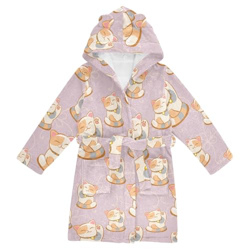 WIFIU Toddler Baby Hooded Bathrobe for Boys Girls Cute Lucky Cats Pattern Printed, Soft Plush Bath Towel Robe with 2 Pockets for 2-3 Years