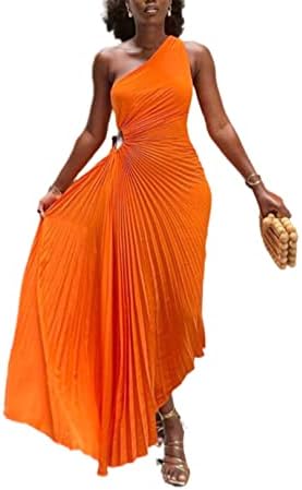 JIIAXLINE 2023 Women's Slim one Shoulder Hollowed Out Pleated Dress Dress（Orange-Red-S
