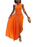 JIIAXLINE 2023 Women's Slim one Shoulder Hollowed Out Pleated Dress Dress（Orange-Red-S