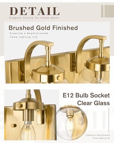Image of Beionxii Bathroom Vanity Light, 3-Light Brushed Gold Bathroom Light Fixtures, Modern Vanity Lights with Clear Glass Shade, Wall Sconces Lighting Over Mirror Living Room Hallway, BX-VL03BG-3CG