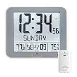 MARATHON Slim Atomic Wall Clock, Graphite Gray - Large 10-Inch Full Calendar Display with Indoor/Outdoor Temperature. AM/PM or 24-Hour Format, 7 Time Zones - Four AA Batteries Included