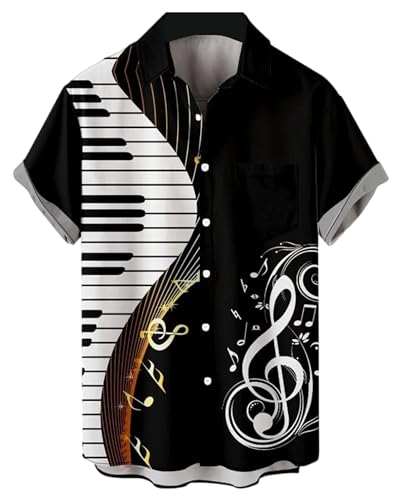 YBHUO Men's Guitar Notes Music Shirts Oil Painting Print Short Sleeve Casual Button Down Shirt