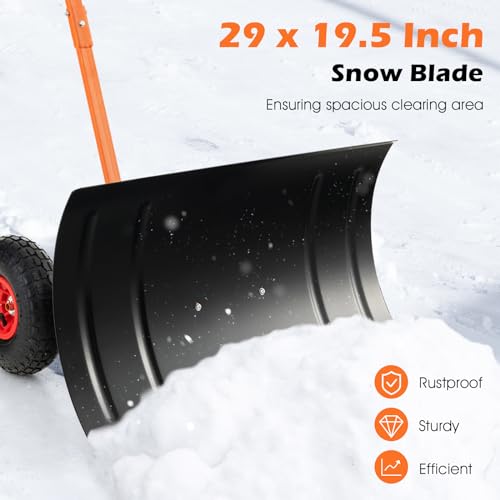 Pala de nieve con ruedas, empujador de nieve de metal resistente, 5 ángulos ajustables, quitanieves rodante para entrada, pavimento, jardín, césped (mango en forma de T)