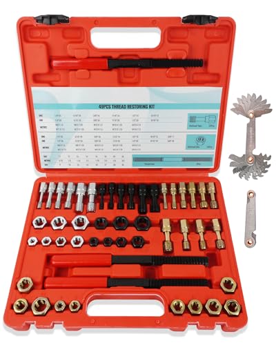 KUNGJUER 51PCS Thread Restorer Tool,Thread Repair Tool Kit with 22 Taps 24 Dies 3 Thread Files 2 Thread Gauges,Master Thread Rethreading Kit UNC UNF & Metric Thread Chaser Set,Rethread Repair Tool