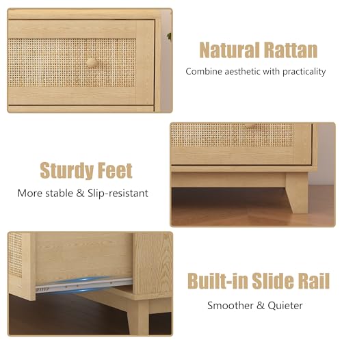 Xixini 3 Drawer Dresser for Bedroom, Boho Small Natural Rattan Closet Dressers Chest of Drawers, Modern Wood Clothes Storage Organizer with Wooden Feet and Handles for Hallway, Living Room, Entryway - Image 6