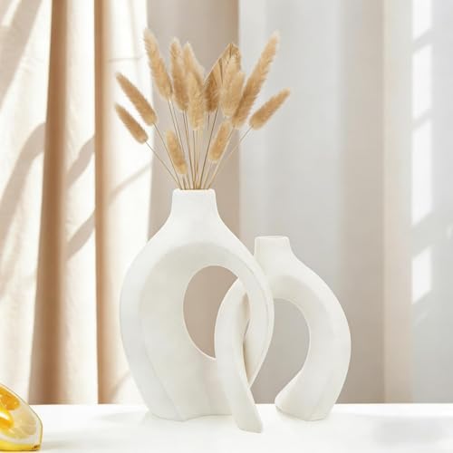 Image of PUREZENTO Abstract White Ceramic Donut Vase 8.4 & 6.8 Inch - Set of 2 | Decorative Hollow Donut Vase for Dried Flowers & Pampas Grass | Vases for Modern Home Decor, Living Room, Office Decor Ideas