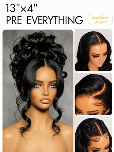 Image of Sunber Loose Body Wave Human Hair Wig 16 Inch Glueless 13x4 HD Lace Front Wig Pre Cut Pre Plucked Bleached Knots with Drawstring Cap, Ready to Wear Bye Bye Knots Loose Wave Wig