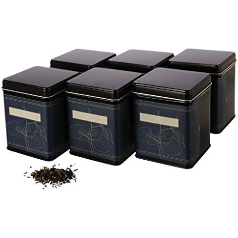 Dosenritter | 6x klassische eckige Teedose, stapelbar, inkl. 6 florale-Etiketten | aromadicht aus Metall für je 140g Earl Grey | 9.8 x 7.6 x 7.6 cm auch ideal als Keks Cover