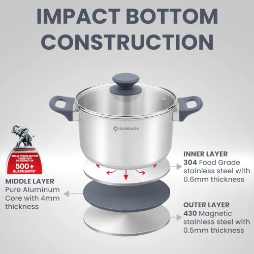 Image of Impact Pro 304 Stainless Steel Casserole with Lid, 24cm / 5.4 Liters, Stainless Steel Handi /Biryani Pot with Glass Lid, Cook and Serve, Mirror Finish, Induction Compatible, Silver