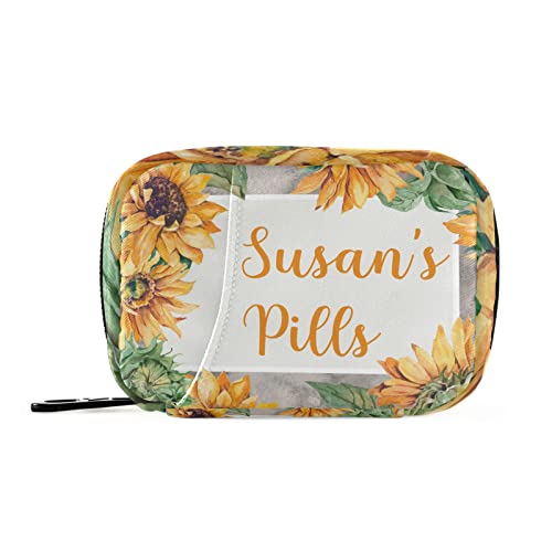 Custom Pill Box 7 Day Pill Case Bag Sunflower Personalized Name Travel Pill Organizer Bag with Zipper Portable Weekly Case Compact Size for Vitamin Supplement Holder