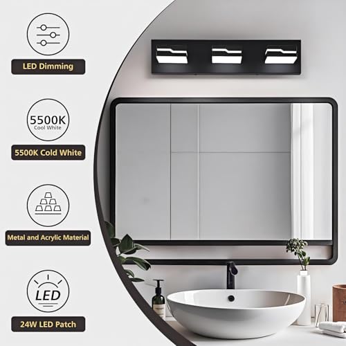 Image of LED Modern Bathroom Vanity Light Fixtures 3-Light, 19 inch Dimmable Matte Black Vanity Lights for Bathroom Lighting Fixtures Over Mirror, with 350Rotatable Acrylic Heads(White Light 5500K)