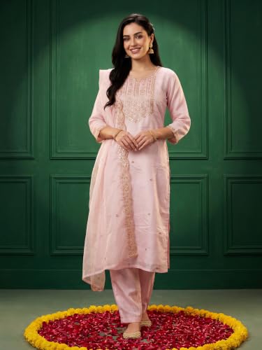 Image of INDO ERA Women's Silk Blend Floral Embroidered Thread Work Straight Kurta & Pant with Dupatta Set | Kurti Set
