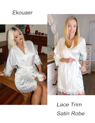 Image of Ekouaer Womens Silk Robes Short Lace Trim Satin Bride Bathrobe with Pockets