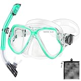 PIYAZI Snorkeling Gear for Adults Kids, Dry Snorkeling Set, Panoramic Anti-Leak and Anti-Fog Tempered Glass Lens, Adjustable Strap Snorkel Set with Mesh Bag Ear Plug for Snorkeling Scuba Diving Travel