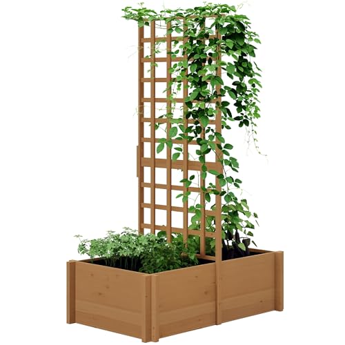 Outsunny Jardinière avec Treillis, bac à Fleurs avec Doublure, Potager sur Pied en Bois pour Plantes grimpantes, légumes - 100 x 60 x 150 cm Naturel
