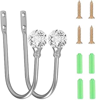 Liummrcy Curtain Holdback Wall Mounted,Metal Drapery Holdbacks Wall Mounted,Metal Curtain Holdback Decorative Drapery Tiebacks with Crystal Ball Wall Mounted Curtain Hooks 2PCS Silver
