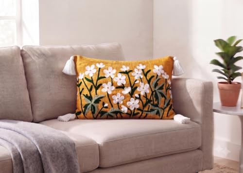 Image of Furnistitchs Boho Rectangle Cushion Cover 12x20 inches | Handmade Decorative Throw Pillow Case | Bohemian Home Decor Sofa Bed Cushion Cover Living Room Bedroom (1, Mustard Flowers, 12x20 inches)