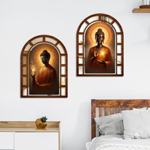 Image of Sehaz Artworks Buddha Mirror Jharokha Wall Decor for Living Room- 40x30 CM