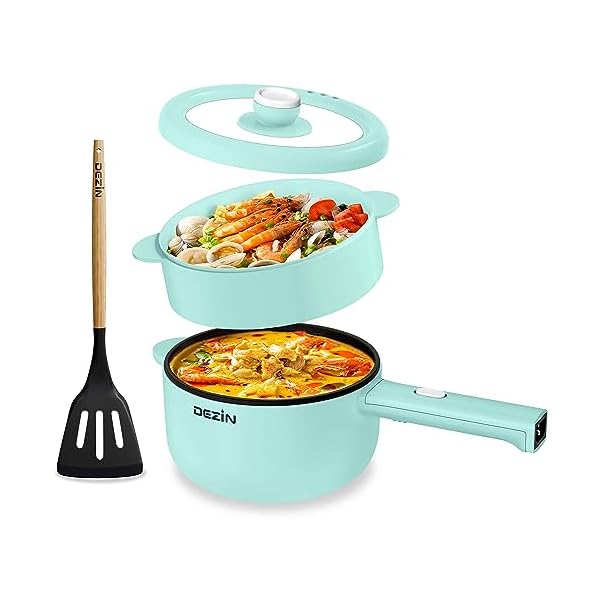 Dezin Hot Pot Electric with Steamer Upgraded, Non-Stick Sauté Pan, Rapid Noodles Electric Pot, 2L Mini Portable Hot Pot for Steak, Egg, Ramen, Oatmeal, Soup with Power Adjustment (Egg Rack Included)