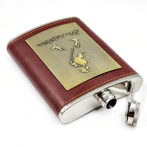 Image of JWPM Stainless Steel Hip Flask with Funnel 8 Oz (236 ml) I Stitched PU Leather Cladding with Metal Plate Design Whiskey Flask I Unisex Alcoholic Drinks Holder Pocket Bottle (JWP Maroon+Funnel)