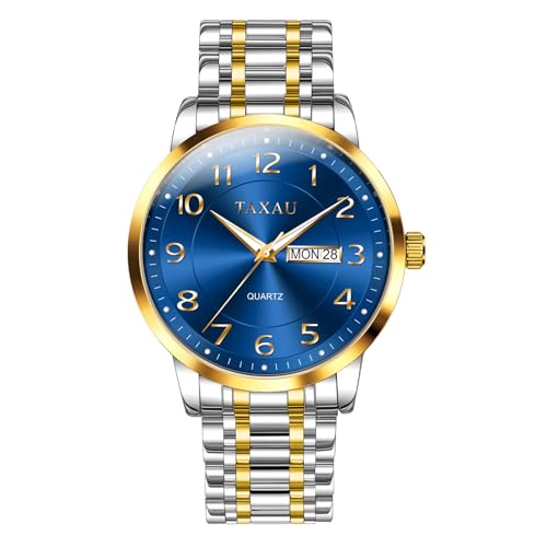 Taxau Watch Men Luxury Fancy Blue Large Face Watches for Men Classic Designer Gold and Silver Two Tone Stainless Steel Waterproof Mens Watches Fashion Analog Quartz Wrist Watch Reloj para Hombre