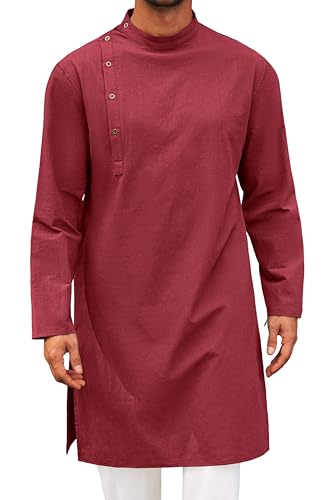 Image of Runcati Mens Kaftan Thobe Robe Long Sleeve Cotton Henley Shirt Casual Muslim Gown Salwar Kurta