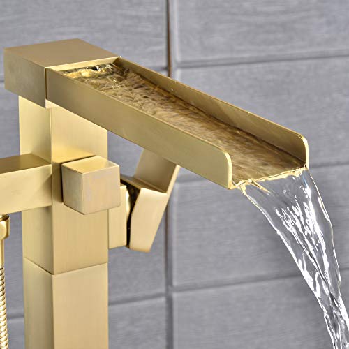 SHAMANDA Luxury Freestanding Bathtub Faucet Single Handle Waterfall Tub Filler with Handheld Shower Brushed Gold, Floor Mounted, FL701-3