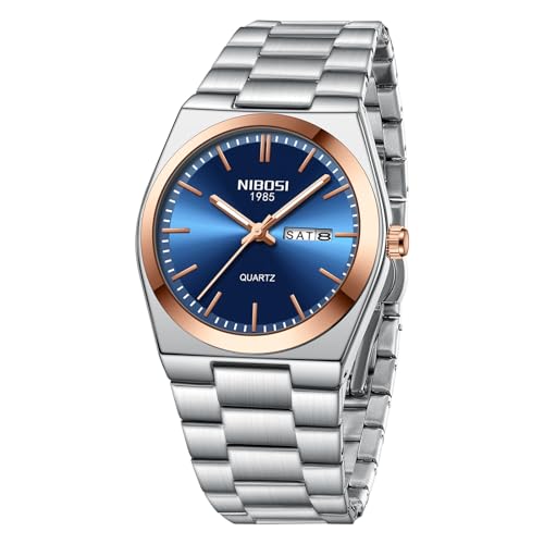 Image of NIBOSI Watch For Men Business Men Analogue Watches Ultra-Thin Waterproof Quartz Military Wrist Watches With Stainless Steel Band, Dial-Color:Blue, Band Color:Silver