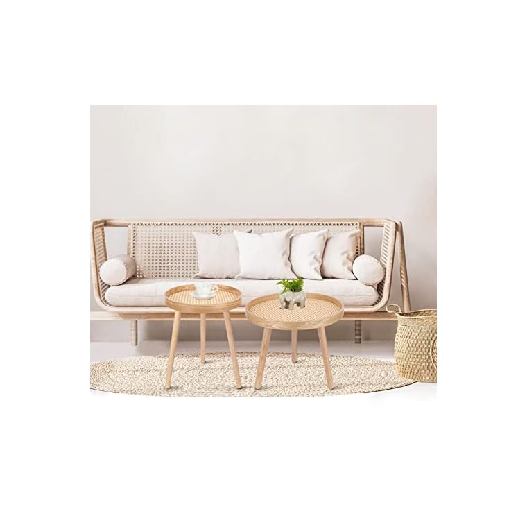Round Coffee Table Set of 2, Natural Boho Coffee Tables, Small Mid Century Modern Rattan Coffee Table, Boho Side Table End Tables for Living Room Bedroom Office - Image 3