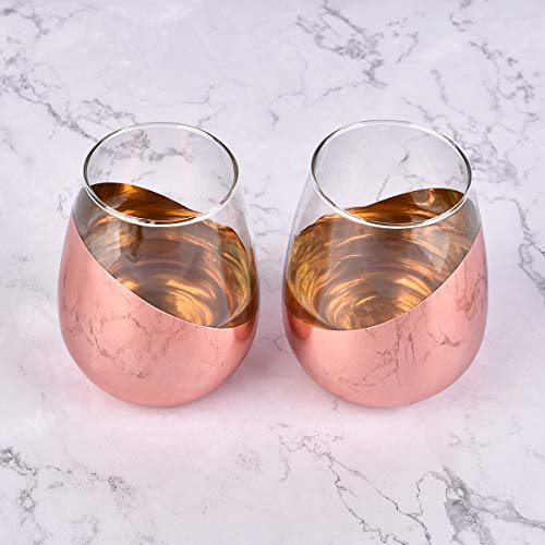 Modern Copper Stemless Wine Glasses, Set of 2 Half Rose Gold Plated Wine