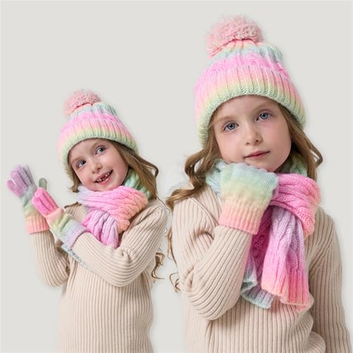 SK Studio Kids Winter Hat Gloves Scarf Set, Girls Toddler Beanie with Pom Knit Neck Warmer Gloves Fleece Lined Set2