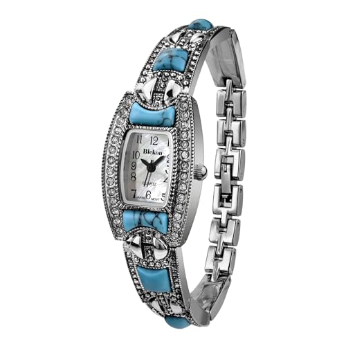 Blekon Collections Japanese Quartz Ladies Square Stones 21mm Case Pearl Dial Metal Link Bracelet Fashion Watch (Silver Turquoise)