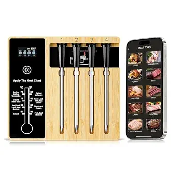 Smart Wireless Meat Thermometer with 4 Probes, Bluetooth Food Thermometer for iOS and Android