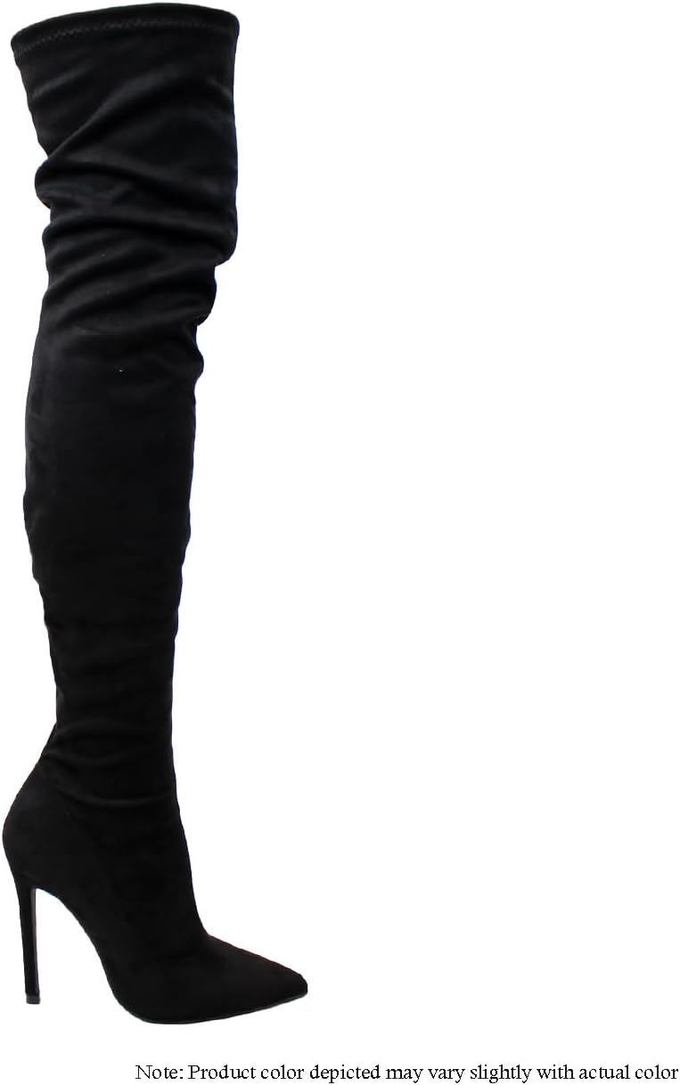 Liliana Women's Stretchy Thigh High Boot - Fashionable and Comfort Pointed Toe Stiletto High Heel Over-The-Knee for Maximum Style, GISELE-7, GISELE-7(Black Suede, Size 11)