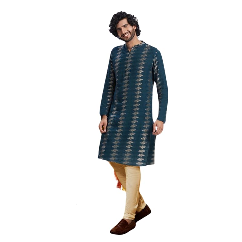 Kurta homme coton col mandarin ensemble churidar bleu marine tunique