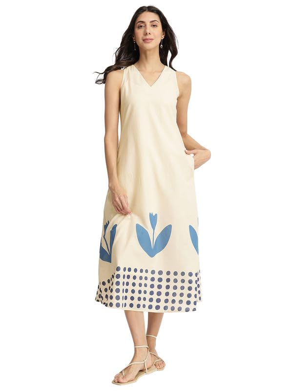 Casual Cotton Floral A-Line Dress | V-Neck Sleevless 2 Pockets-image-26