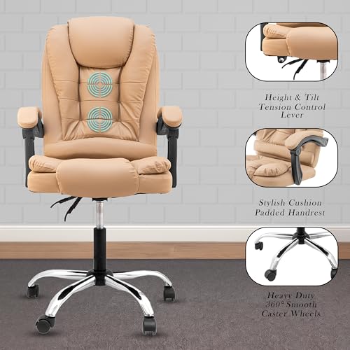Image of Casa Copenhagen Italia Premium Leatherette Office Chair for Work | Boss Chair, Ergonomic Executive, Luxurious Cushioned Arms & Seat, 2 Point Back Massager, Heavy Duty Metal Base (Beige)