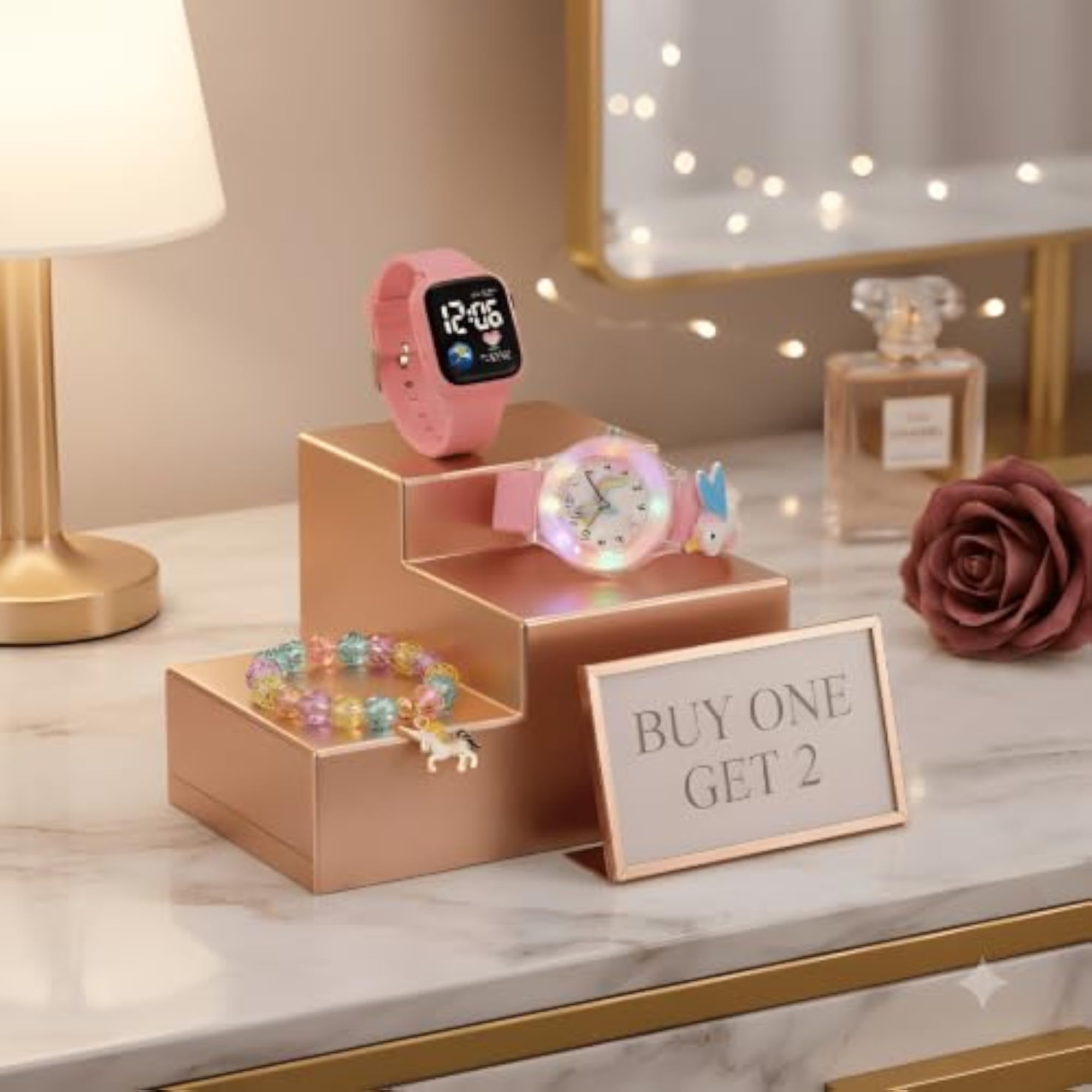 Kids Pink Cartoon Watch and Digital Watch Combo