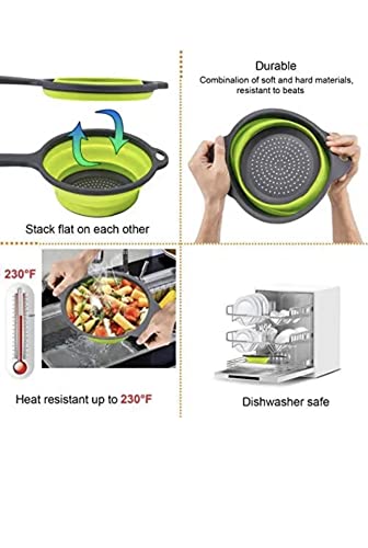 Collapsible Colanders - Set Of 3, Adjustable Over The Sink Silicone Foldable Round Fruits, Vegetable, Food Draining Colorful Baskets And Pasta Strainer With Handle For Kitchen - 6/4/2 Quarts (Green) #TOP5