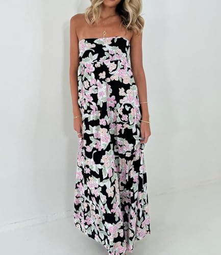 Image of Women Floral Print Maxi Tube Dress Strapless Flowy Long Bandeau Dress Y2K Open Back Sundress Summer Beachwear