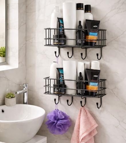 Oslen (Pack of 2 Self-Adhesive Multipurpose Bathroom Rack, Bathroom Shelf Organizer, Wall Mounted Shelf,Bathroom Accessories Set for Home,Bathroom Shelves (Black)
