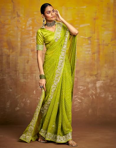 Image of SIRIL Women's Bandhani Printed Georgette Sequence Lace Scalloped Border Saree with Unstitched Blouse Piece