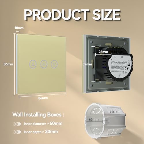 BSEED Dimmer Smart Alexa Lichtschalter 300W Touch Control WIFI Wandlichtschalter (Neutrale Leitung Erforderlich) mit Alexa/Tuya/Google Home 1 Fach 1 Weg Gold
