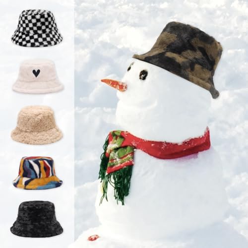 Image of Bucket Hat Women Furry Fuzzy Bucket Hats for Ladies, Winter Warm Fluffy Plush Faux Fur Hat for Women