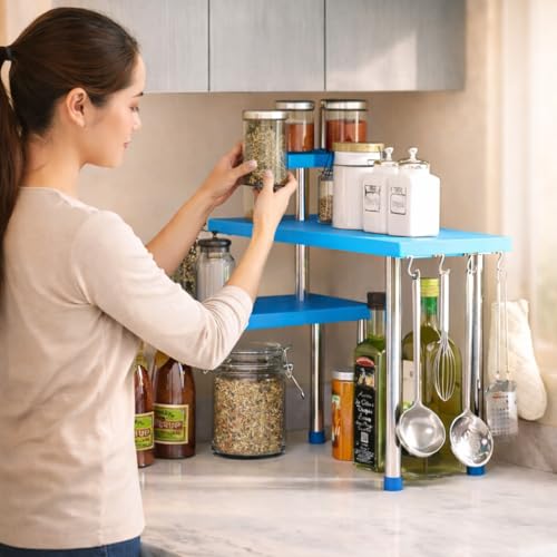 Image of Rack for Kitchen Storage, Corner Shelf for Kitchen, Organizer Rack, 3 Tier Spice, Oil Stand, Tabletop Adjustable Rack for Makeup, Office(Blue)