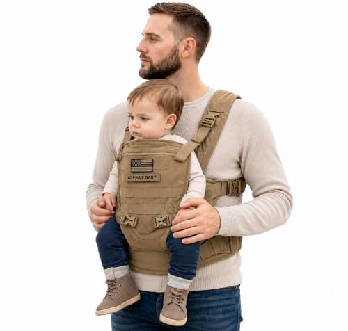 Image of Front Facing Baby Carrier for Dad | Ergonomic Baby Carrier for Men | Infant to Toddler | Military Design Holder with Lumbar Support | Great for Hiking and Travel | MOLLE Compatible | Desert Khaki